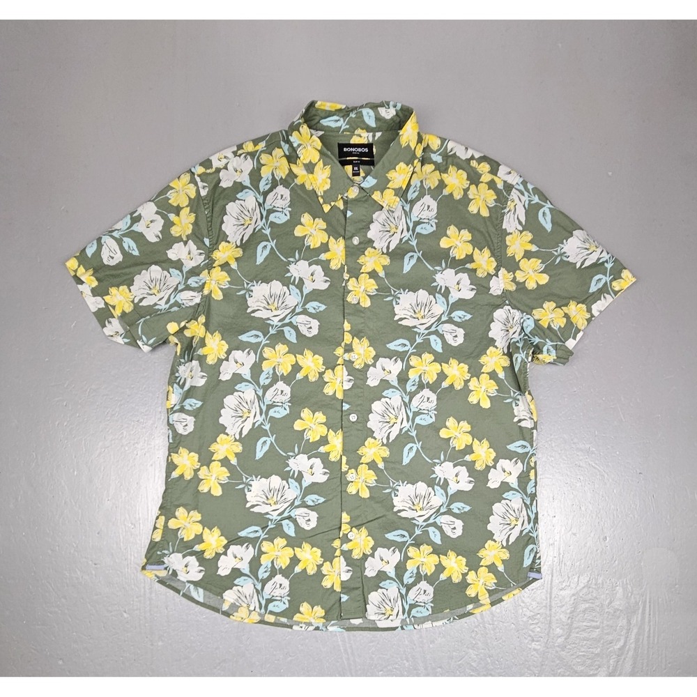 Bonobos Button Up Shirt Mens 2X Slim Fit Green Floral Print Stretch Short Sleeve